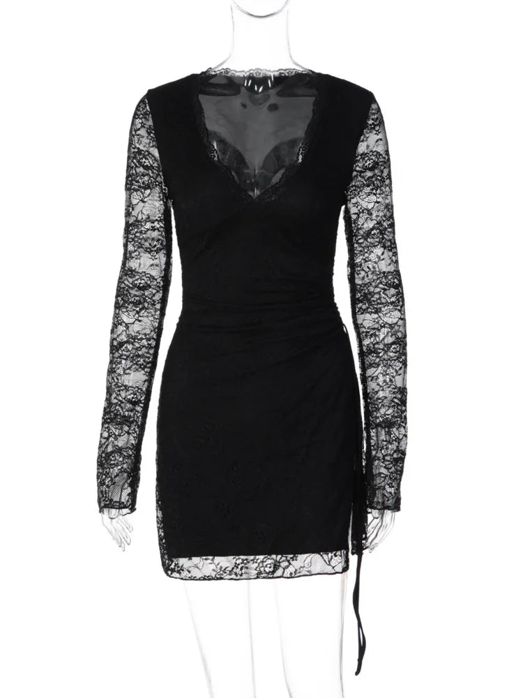 Women Black Lace Long Sleeve Mini Dress Deep V‑Neck Ruched Side Slit Bodycon Dresses Evening Party Clubwear Outfit