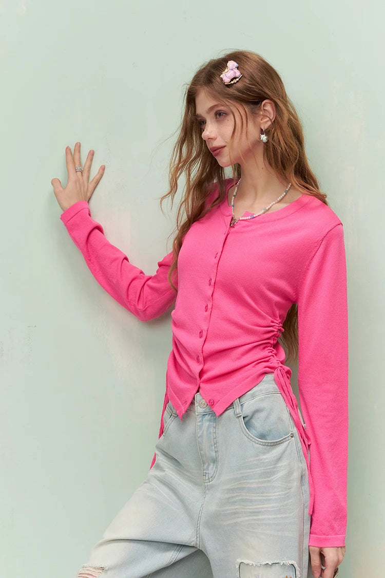 Fresh Girly Drawstring Waist Round Neck Fitted Knit Cardigan For Women