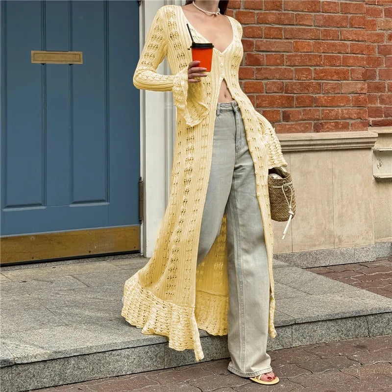 Button Front Long Sleeve Sheer Open-knit Long Cover-up Jacket Women Autumn Beach Vacation Outfit Maxi Cardigan