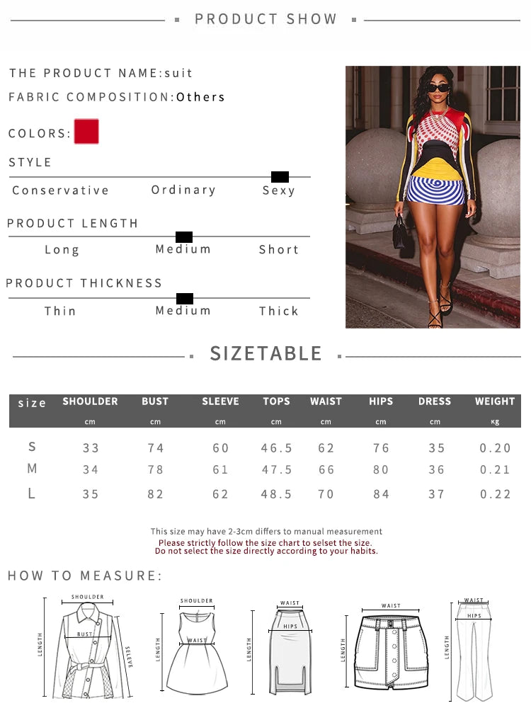 Art 2-Piece Set Women Colorful Half Turtleneck Full Sleeve Crop Top+Thread Print Simple Skirt Slim Party Fashion Suit