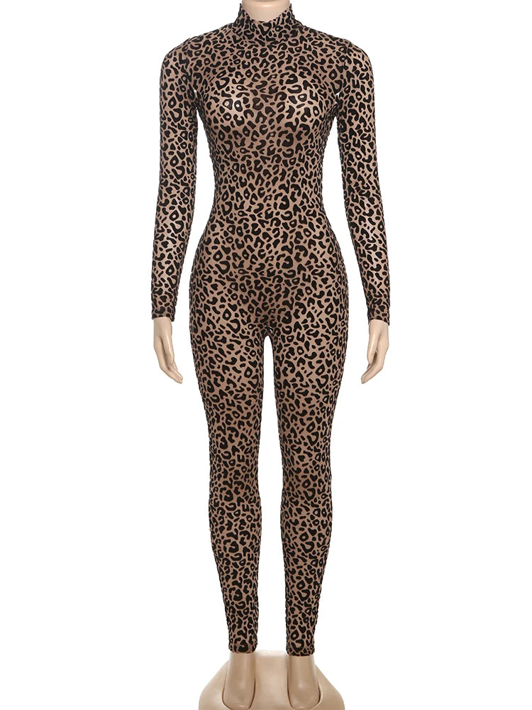 Sexy Leopard Mesh Jumpsuit Women Sexy Hipster Zip Stretch Midnight Workout Clubwear Autumn Fitness Street Overalls
