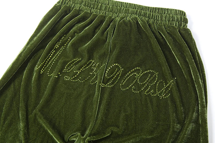 Velvet Pants Fake Diamond Letter Decoration Drawstring Elastic Waist Leisure Sporty Street Fashion Comfortable Bottoms