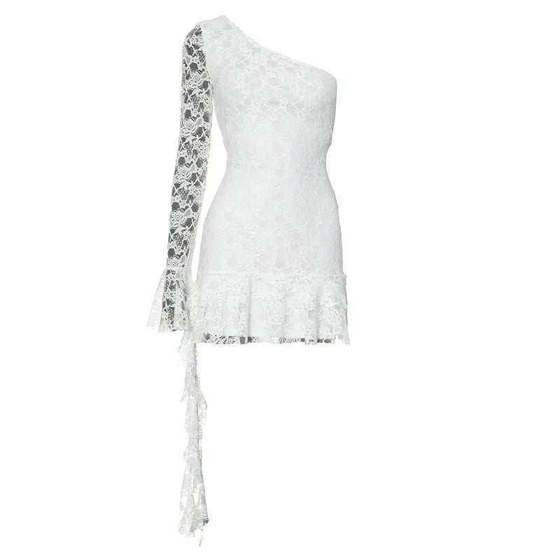 Lace White Dresses Woman Clothing Spring 2025 Asymmetrical One Shoulder Backless Long Sleeve Mini Dress