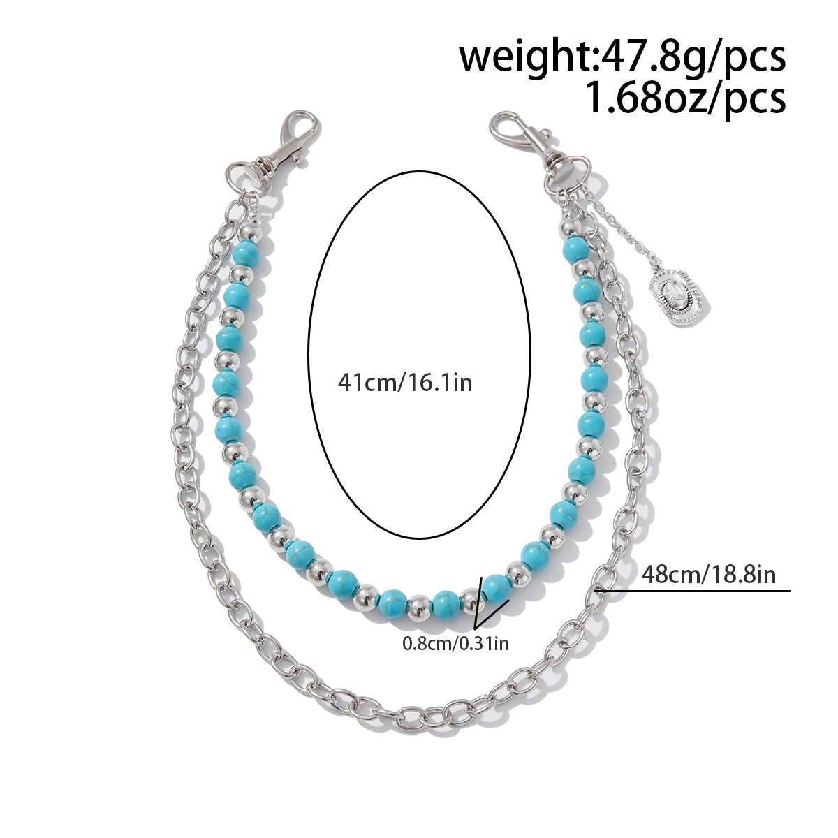 Y2K Trendy Blue Stone Bead Jeans Pants Chain For Men Women Hip Hop Punk Double Layer Keychains Bag Accesories Jewelry