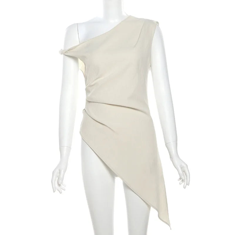 Twisted One Shoulder Asymmetrical Tops Ladies Elegant Fashion Sleeveless Long Shirts & Blouses Summer