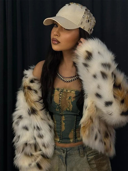 Furs Leopard Luxury Jacket Women Warm Winter Hipster Full Sleeve Streetwear Wild Hipster Midnight Open Collar Coat