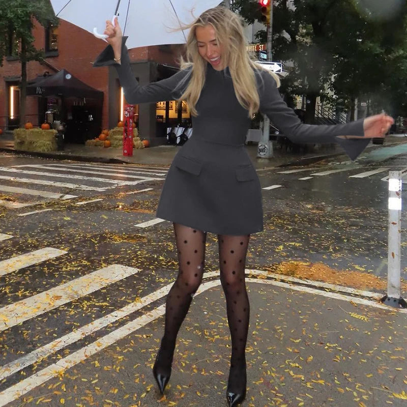 Women 2024 Spring Autumn Elegant Long Sleeve Streetwear Bodycon Short Mini Dress