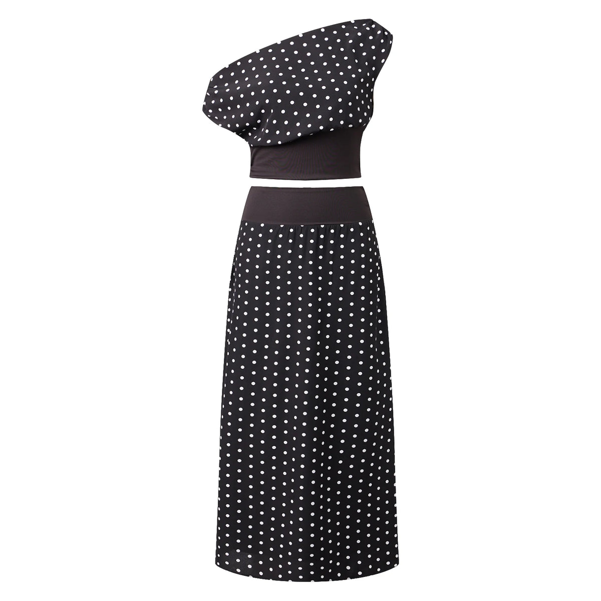 Women's 2 Piece Skirt Outfits Off One Shoulder Y2K Dots Print Tank Tops and Long Skinny Skirt Set Summer Party Clubwear