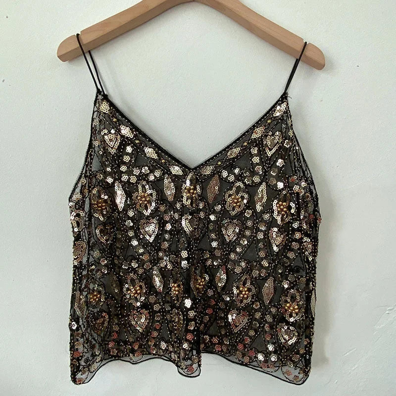 Bling Sequined Tanks Tops Women Sexy Beaded Work Mesh Tops Chic Women Sparkly Cami Vest Femme Summer Streetwear