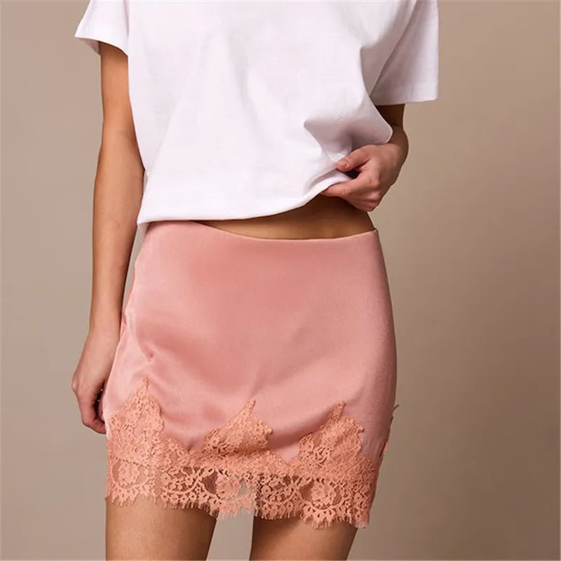 Y2k Half Slips Under Dress Elegant Fashion Bodycon Skirt Women Silk Satin Pencil Skirt Lace Trim Low Rise Underskirts