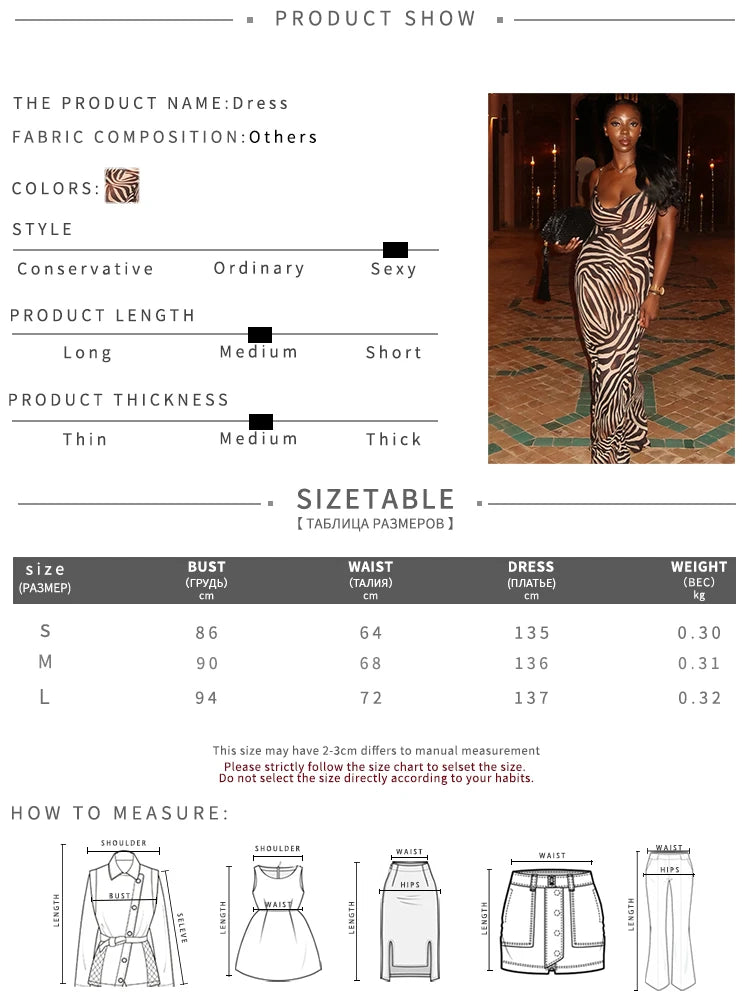 Zebra Stripe Print Sling Dress Woman Low-Neck Bandage Backless High Waist Robe Midnight Club Party Sexy Long Bodycon