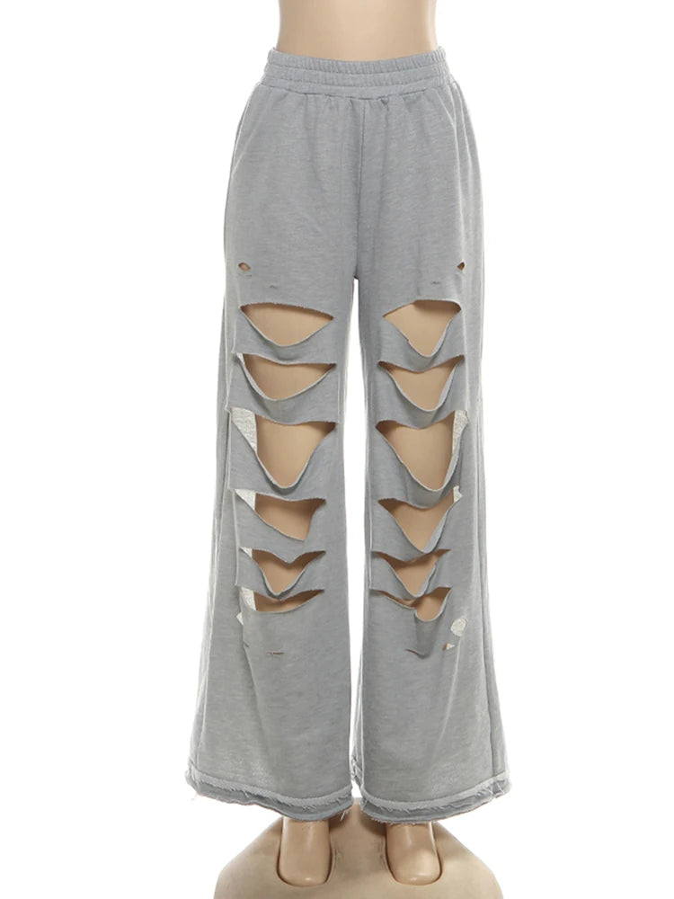 Casual Hollow Pants Woman Hipster Irregular Design Elastic Streetwear Wild Basic Classic Oversize Skinny Trousers