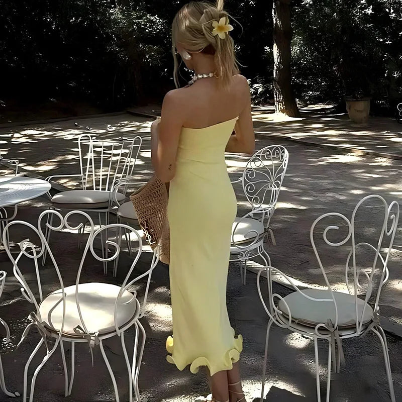 Ruffle Hem Strapless Backless Long Dresses 2024 Fashion Elegant Yellow White Black Dress Party Outfit Woman