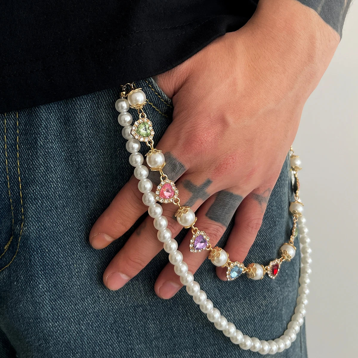 Hip Hop Luxury Rhinestone Love Heart Keychain Wallet Belt Chain Men Trousers Hipster Pant Chain Rock Jewelry Steampunk