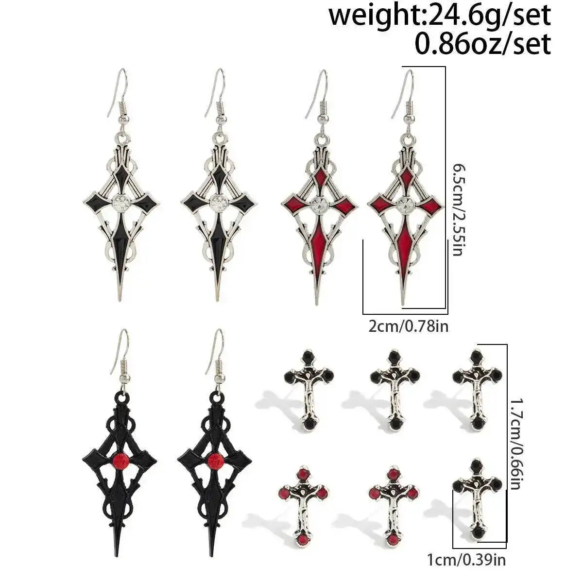 6Pairs/Set Women's Vintage Gothic Oil Dripping Cross Drop Earrings Punk 2025 Style Halloween Party Jewelry Accessories