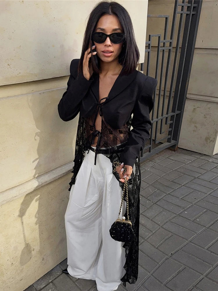 Patchwork Lace Long Coat Women Bandage v-Neck Full Sleeve Ruffles Sexy Hipster High Street Autumn Classic Elegant Tops