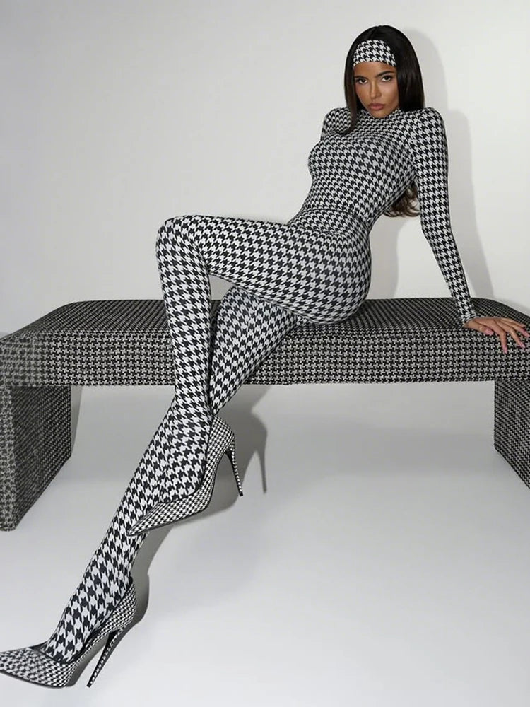 Sexy Foot Jumpsuit Women Snake Print Autumn Trend o-Neck Full Sleeve Stretch Skinny Street Clubwear Zip Slim Overalls