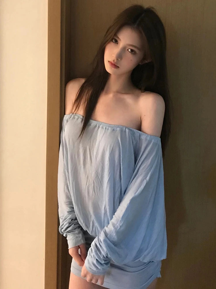 Elegant Slash Neck Dress Women Sexy Bat Sleeve Ruched Backless Bandage Club Streewear Stretch Peach Hip Mini Bodycon