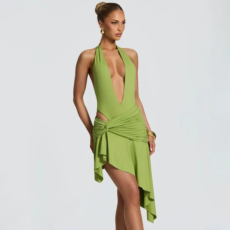 Halter Deep V Neck Backless Asymmetric Mini Dress with Ruched Handkerchief Hem Sexy Party Dresses