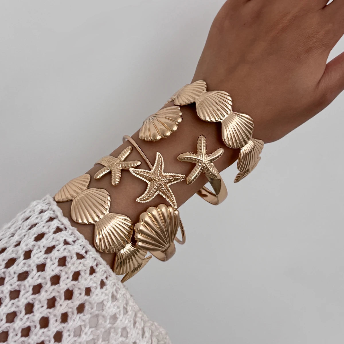 12Pcs/Set Punk Starfish Scallop Open Cuff Bangles Adjustable Rings for Women Boho Armband Bracelets Summer Jewelry Set