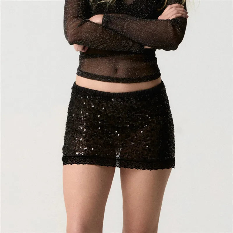 Women Y2K Sequin Mini Skirt Lace Trim Elastic Waist Low Rise Bodycon Micro Short Skirt Club Party Festival Skirts