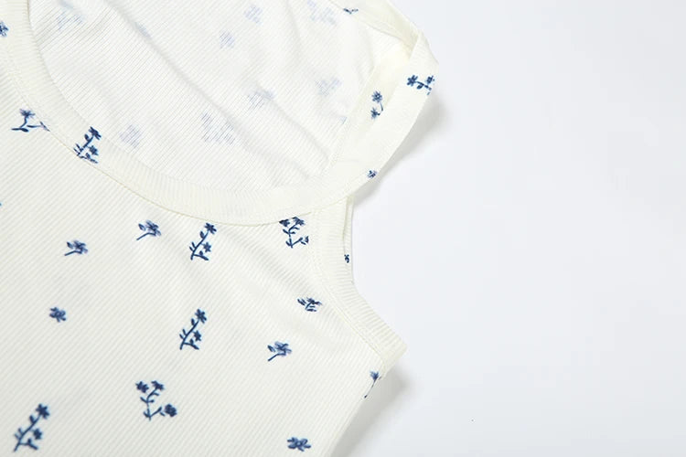 Casual Ribbed 2 Piece Set Women Flower Print Squard Collar Tops+Straight Pants Matching Daily Simple Elegant Suits