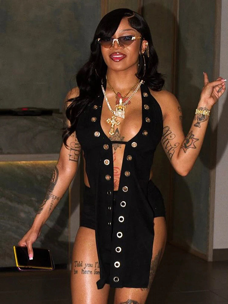 Sexy Women Halter Tank Tops Hollow Metal Hole Backless Lace-Up Sleeveless Wild Skinny Midnight Coquett Hottie Vest