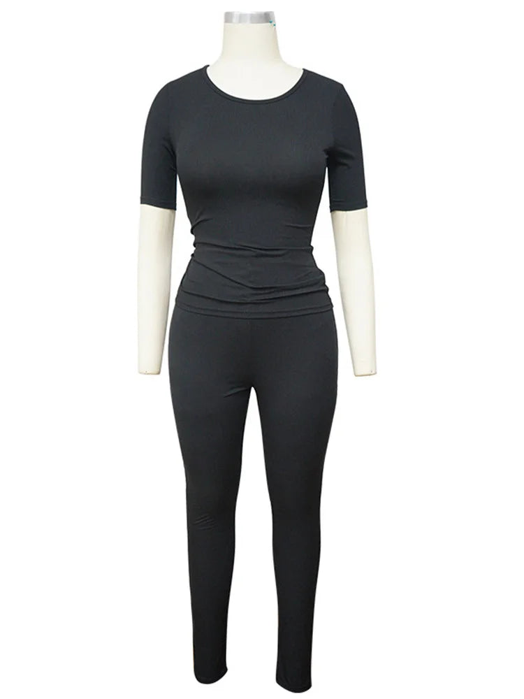 Summer Fashion 2-Piece Set Women o-Neck Simple t-Shirt+Elastic Waist Classic Pant Solid Comfortable Matching Suit