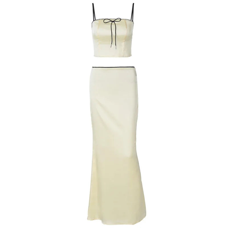 Satin Two Piece Set Crop Top and Maxi Skirt Sets Sexy Summer Outfits Women Elegant Party Dresses