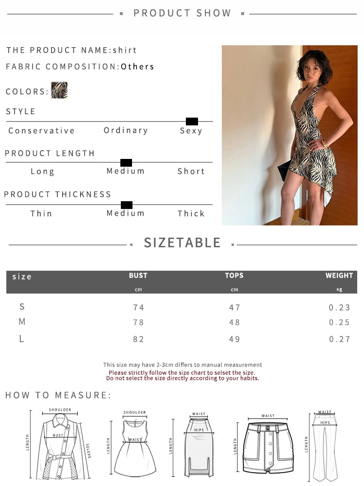 Zebra Print Halter Dress Women Wild Trend Sexy Backless Deep V-Neck Bandages Irregular Hem Sexy Street Party Clubwear