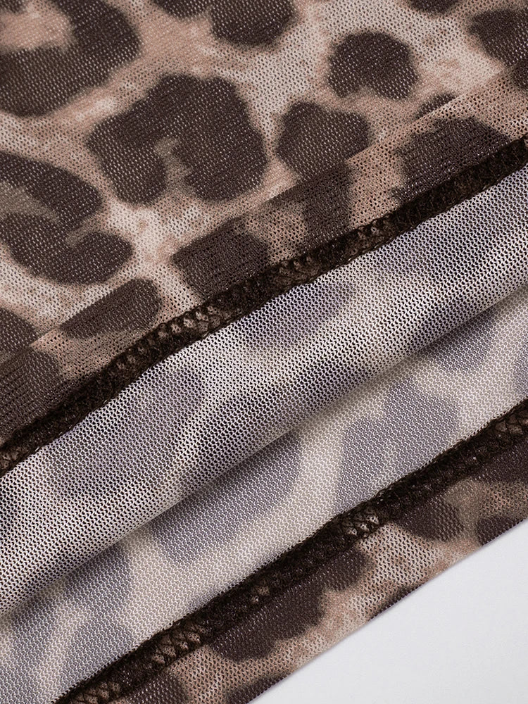 Sexy Leopard Print 2Piece Set Women See Through Long Sleeve Coquette Crop Top+Bike Shorts Stretch Matching Streetwear