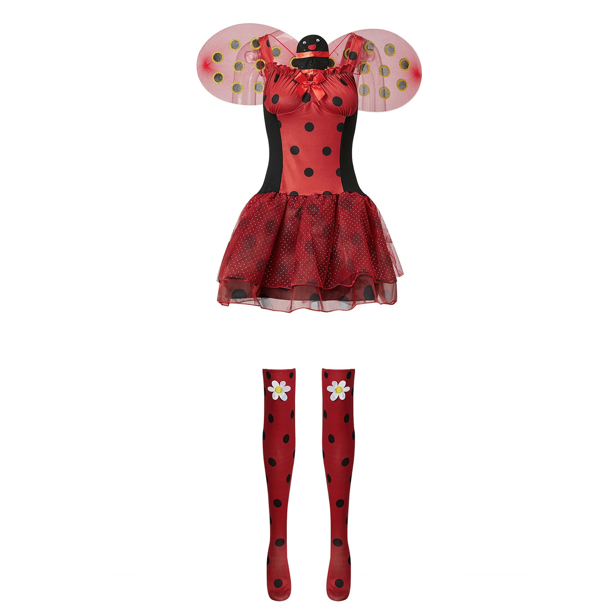 Womens Ladybug Halloween Costume Polka Dot Tutu Dress With Wings Antenna Wand Socks Lady Beetle Cosplay Party Outfit