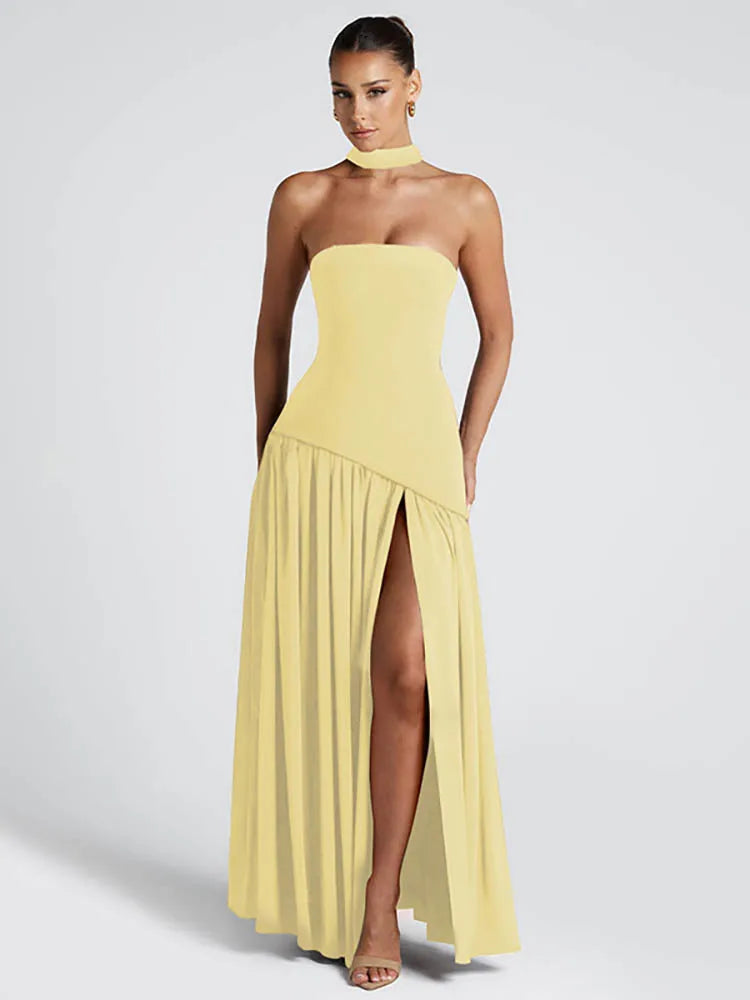 Elegant Off-shoulder Sexy Maxi Dress Women Gown Scarf Collar Strapless Sleeveless Backless High Split Long Dress Female
