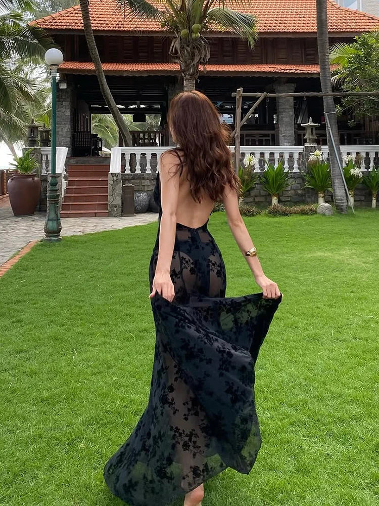 Flocking Shirring Dress Women Sexy Deep V-Neck See Through Backless Sleeveless Beach Vacation Party Clubwear Bodycon