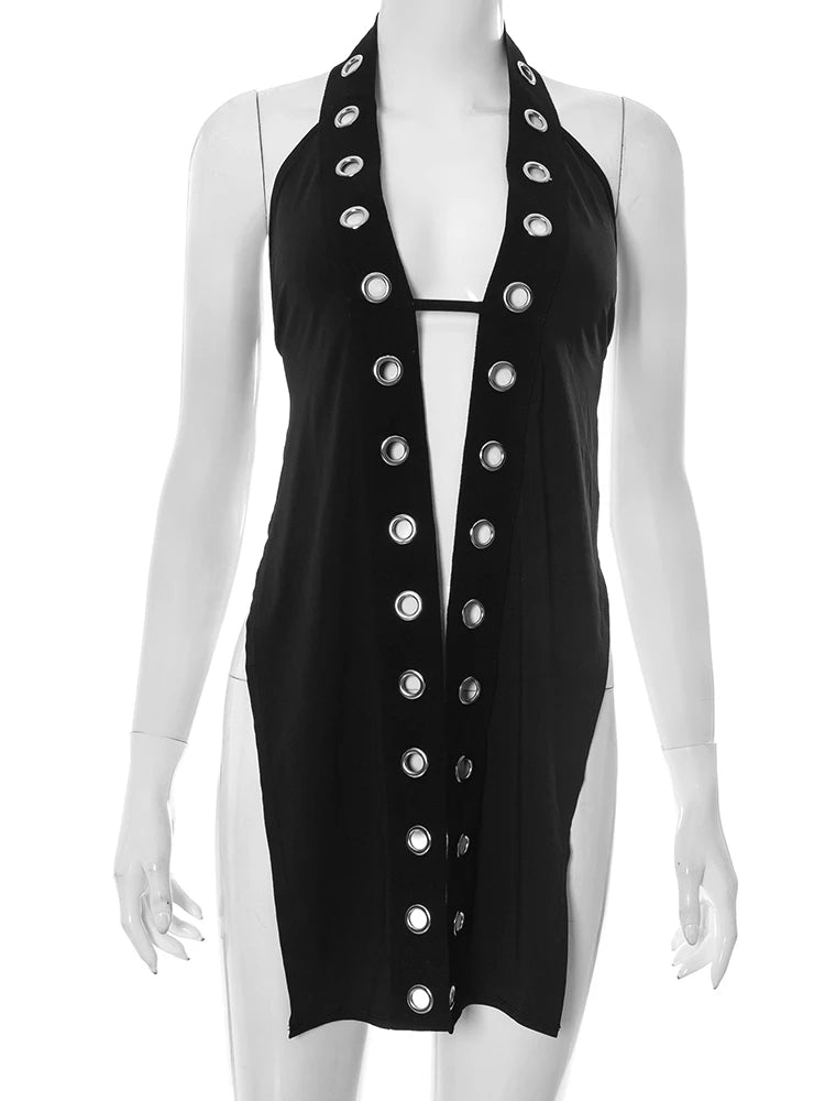 Sexy Women Halter Tank Tops Hollow Metal Hole Backless Lace-Up Sleeveless Wild Skinny Midnight Coquett Hottie Vest