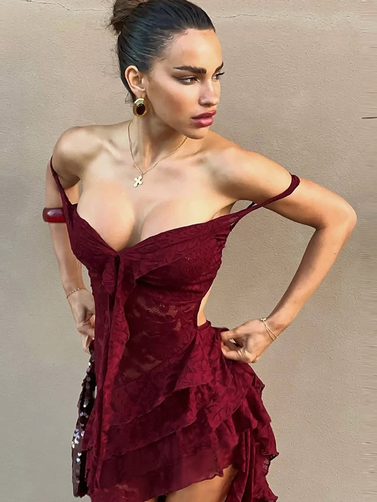 Irregular Tierred Dress Women Mesh Patchwork Slash Neck Lace-Up Backless Midnight Banquet Party Elegant Long Bodycon