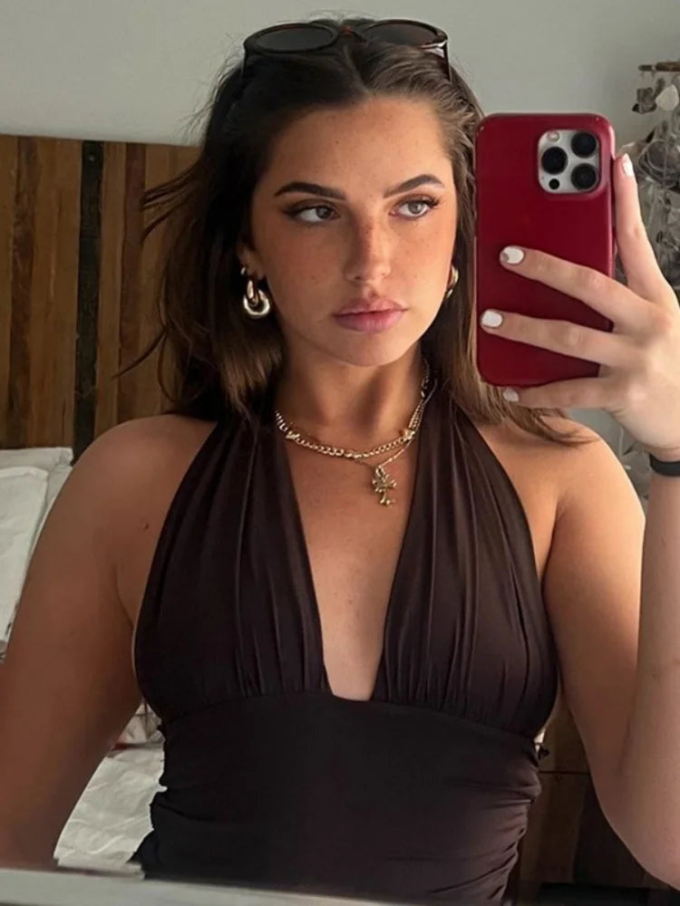 Halter Backless Crop Tops Women Sexy Summer Clothes 2025 Solid Color Deep V Neck Tank Top Streetwear