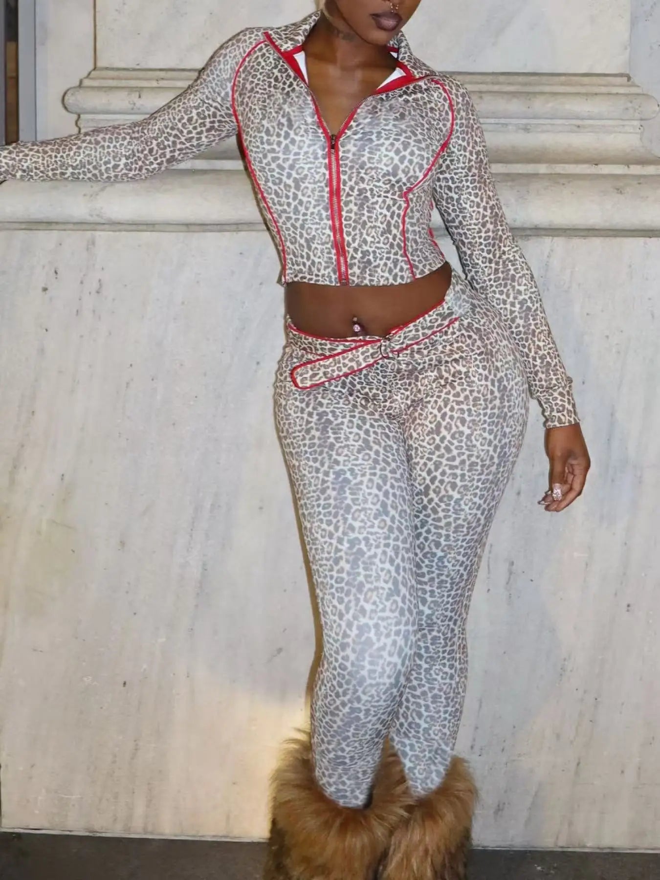 Leopard Print 2 Piece Set Women Tracksuit Casual Crop Jacket+Metal Sash Leggings Street Matching Club Stretch Outfits