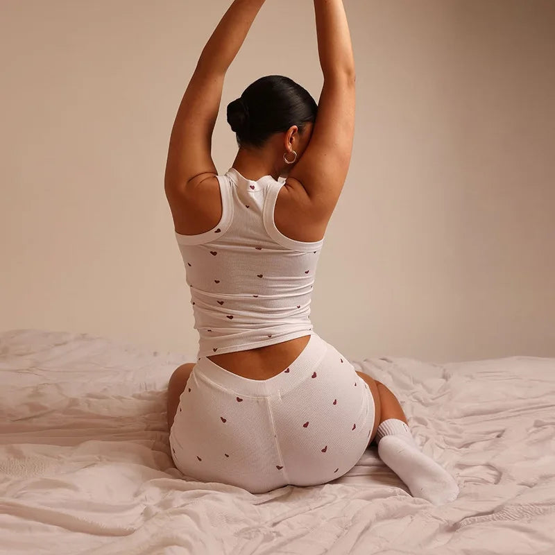 Casual 2 Pieces Set for Woman Outfit Love Printed Ribbed Tank Top and Shorts Cozy Loungewear Summer Clothes