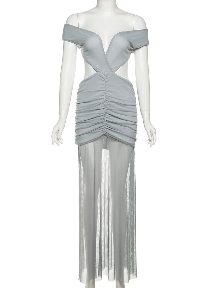 Sexy Hollow Maxi Dress Women Slash Neck Off Shoulder Waistless Mesh Patchwork Splits Hem Midnight Coquette Vestidos