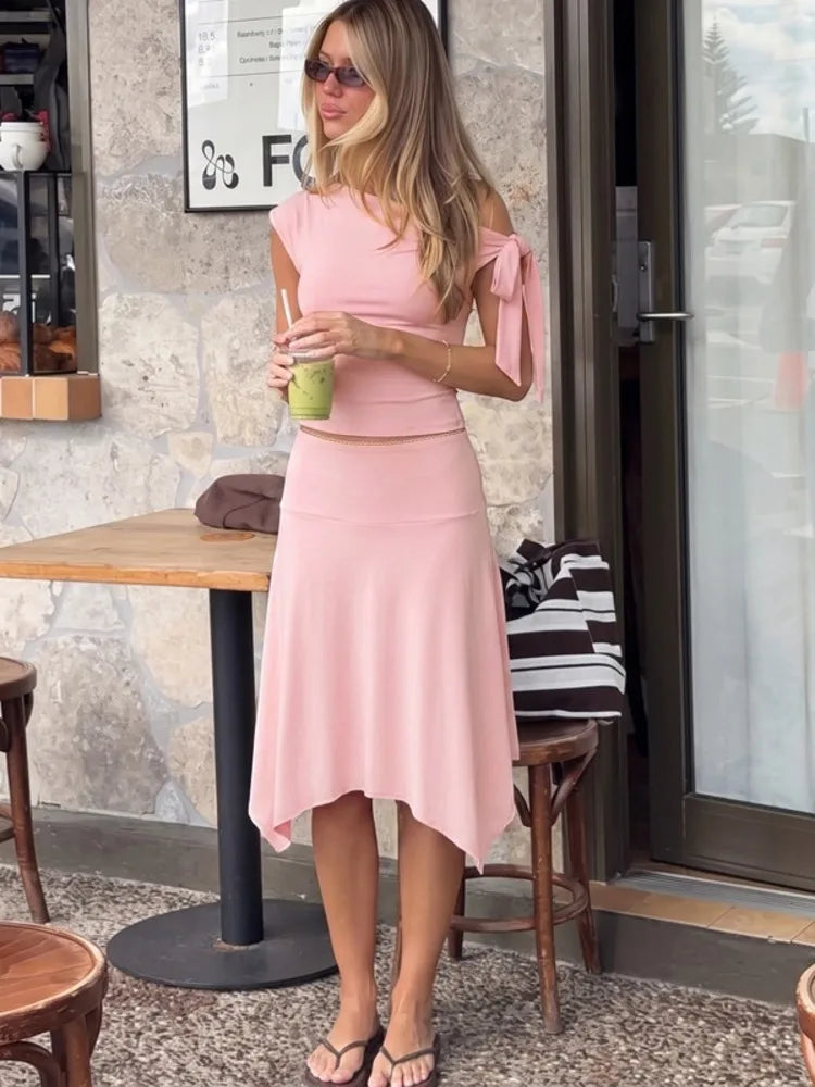 Women 2 Piece Outfits Off Shoulder Tie Side Crop Top Midi Skirt Solid Slim Bodycon Matching Set Summer Party Co Ord Set