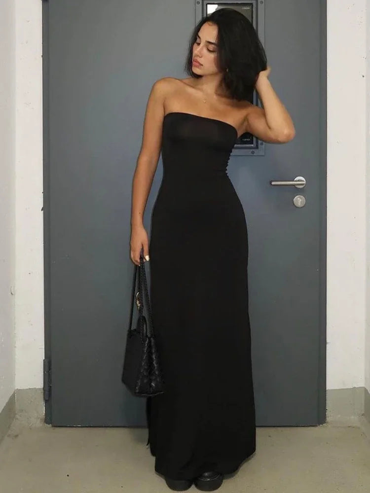 Strapless Backless Split Long Dresses for Women Clothing Fashion Spring Summer Sexy Black Dress