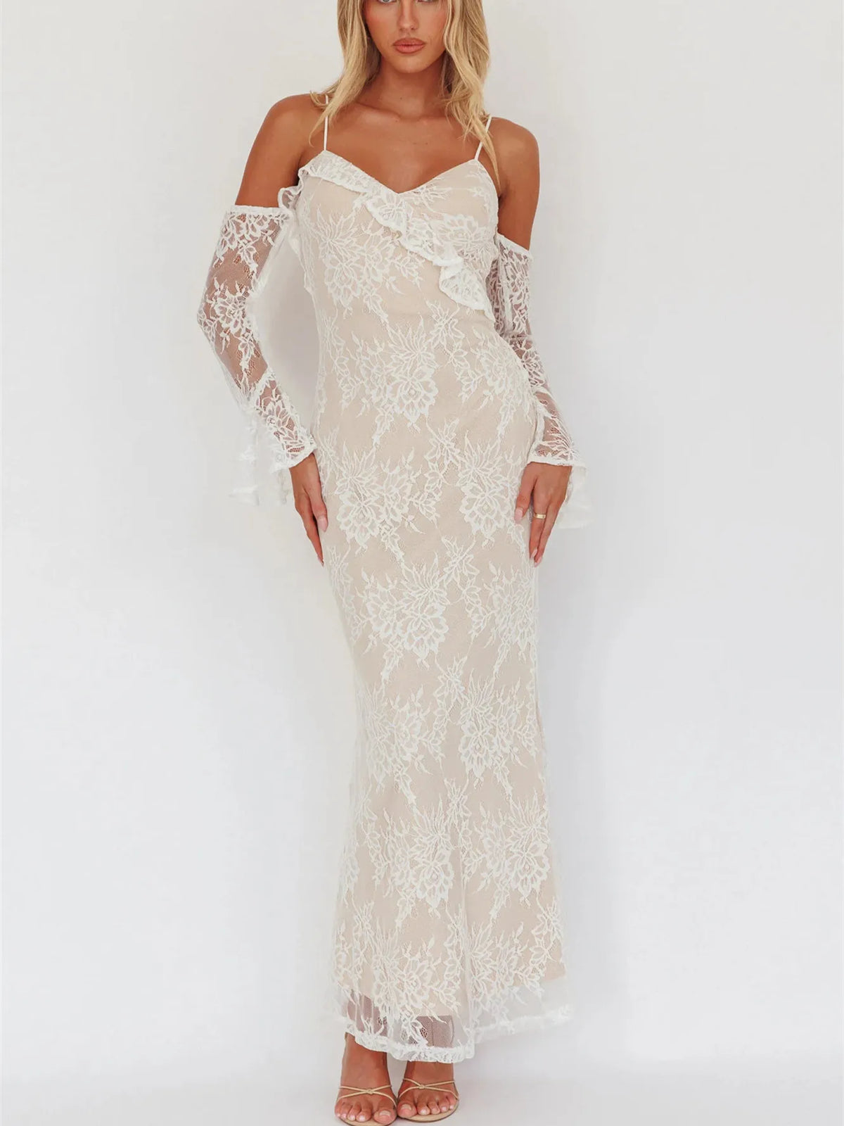 Floral Lace Slim Elegant Dresses For Women V Neck Off The Shoulder Long Sleeve High Waist Bodycon Dress Party Clubwear