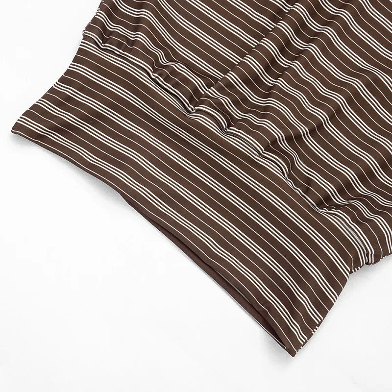 Casual Brown Striped Tops Short Sleeve V Neck T Shirt 2026 Summer Women Vintage Style Clothing