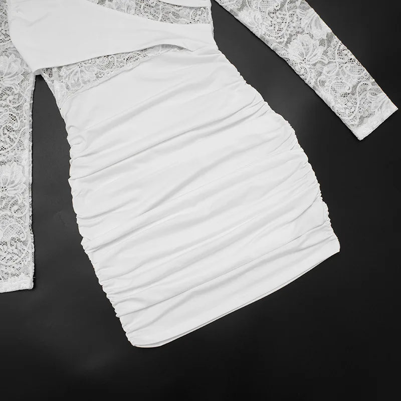 Turtleneck Lace Splicing Long Sleeve Mini Dress Fashion Sexy See Through White Bodycon Dresses Woman