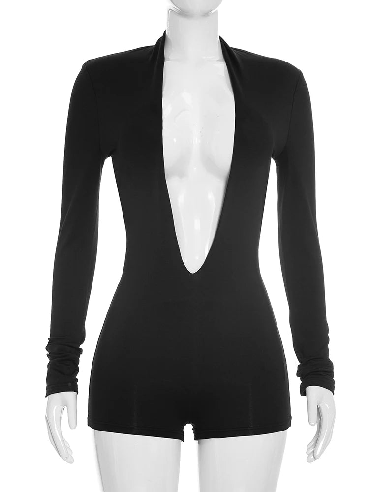 Deep v-Neck Playsuit Women Full Sleeve Skinny Elasticity Sexy Midnight Hottie Autumn New Trend Wild Simple Outfit