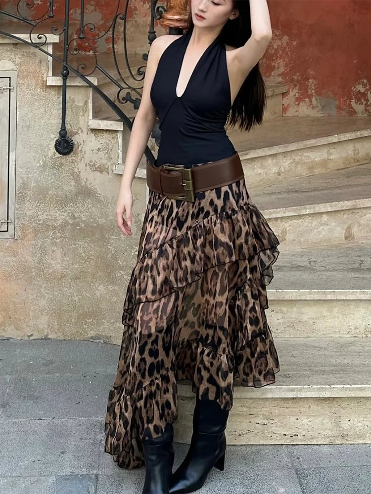 Ruched Tierred Long Skirts Women Leopard Print High Waist Stretch Bottoms Spicy Girls Fashion Trend Wild Streetwear