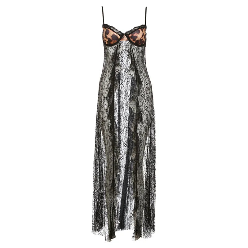 Sexy Leopard Lace Mesh Shirts See Through Black Tank Top Woman Summer Clothes Y2k Camisole Club Wear