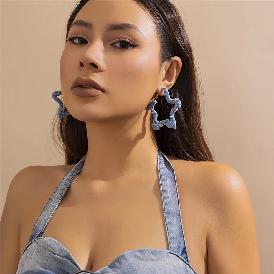 High Quality Exaggerated Blue Denim Hoop Earrings for Women Vintage Big Star Round Triangle Square Geometric Earring Y2K Jewelry
