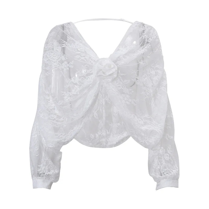 See-through Lace Blouse for Woman Elegant Sexy White Shirts Floral Applique Deep V Neck Long Sleeve Crop Tops